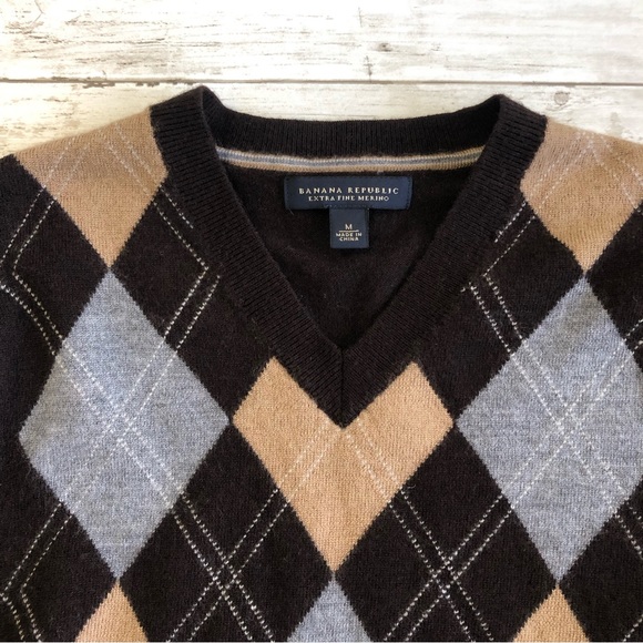BANANA REPUBLIC Extra Fine Merino Men’s Brown Plaid Sweater Size M - Picture 4 of 12